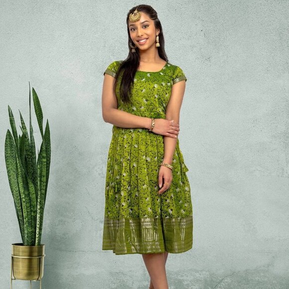 Green Silk Knee Length Dress  | Indian Festive | Indian Dress in USA - Picture 3 of 4